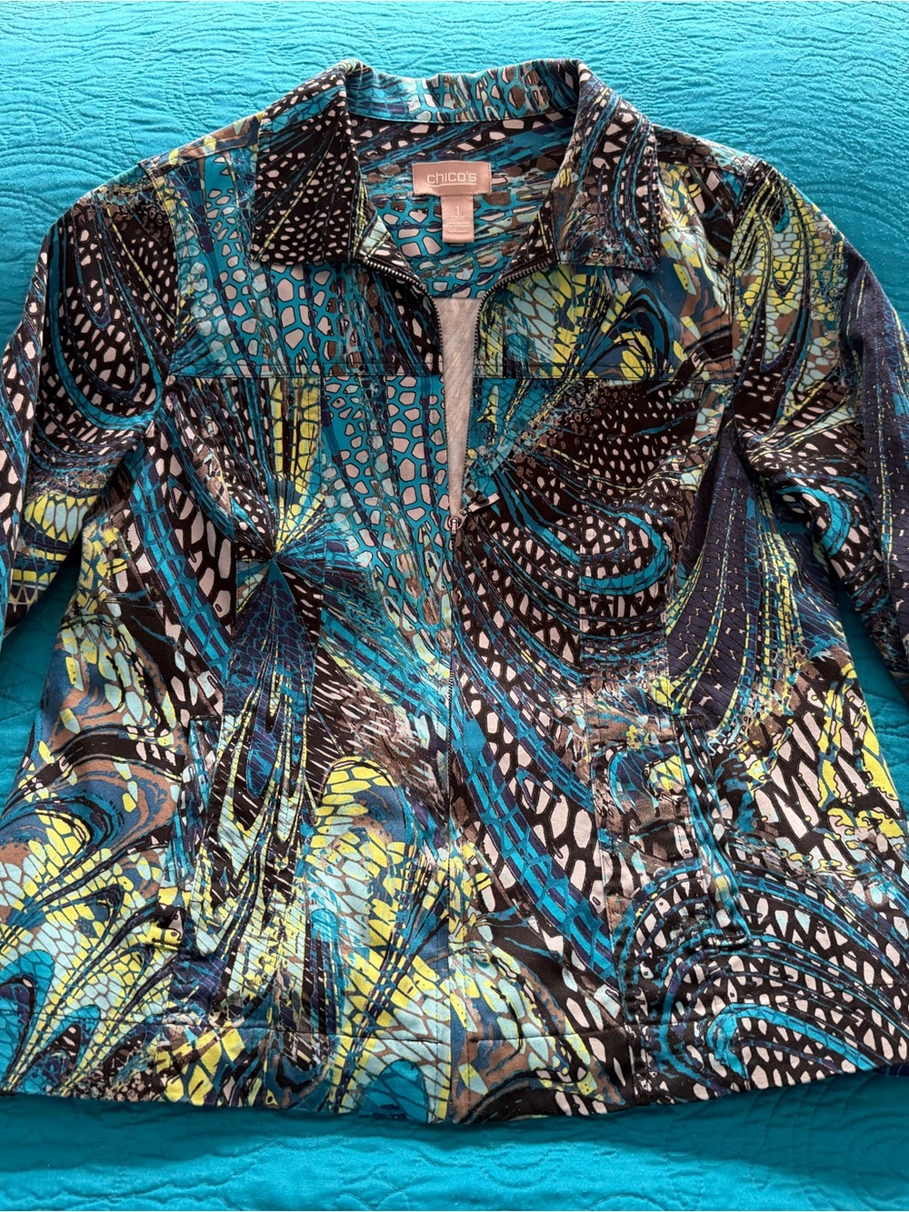 Chico's Teal, Black & Yellow Printed Blazer